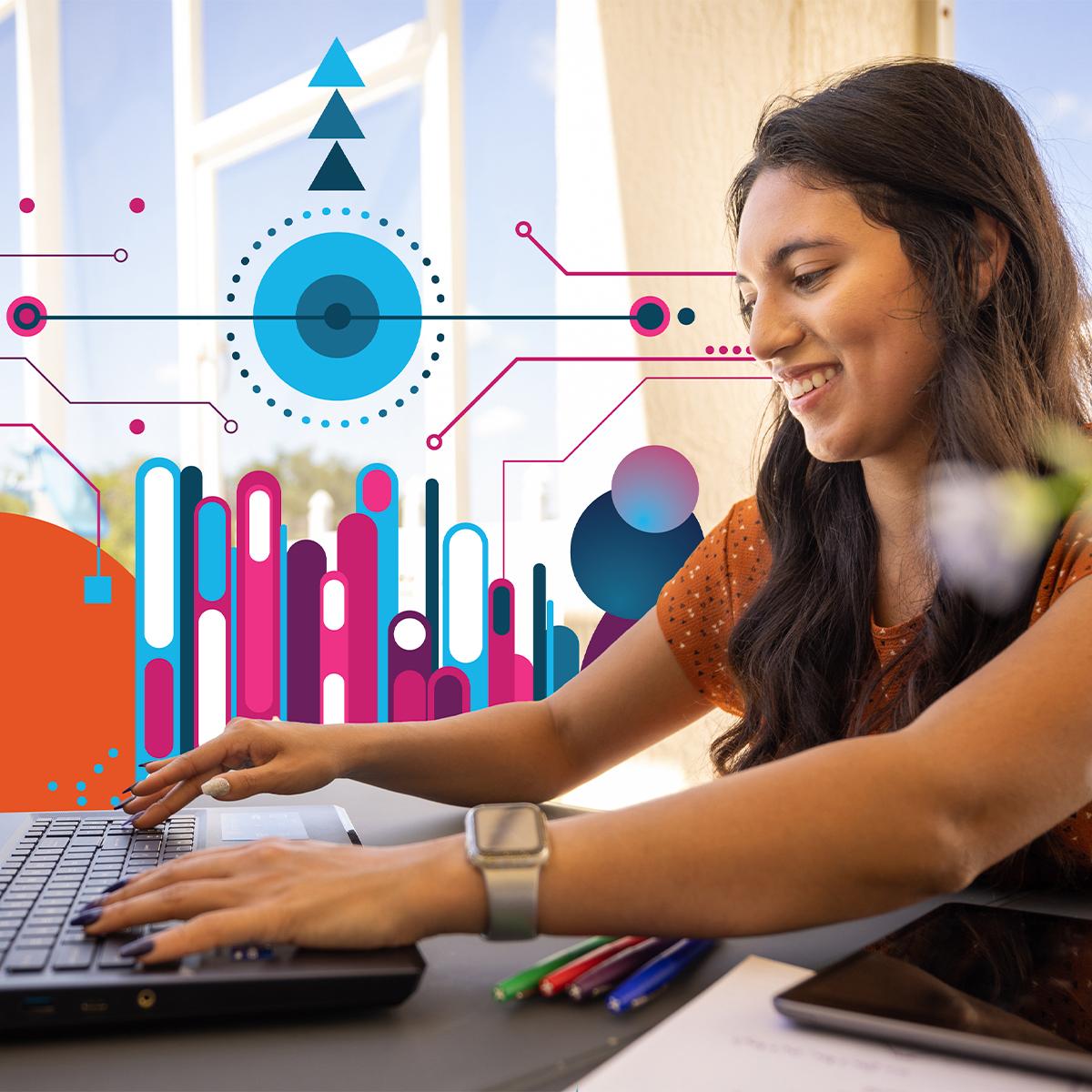 A person engrossed in their work on a laptop against a vibrant backdrop, showcasing a colorful environment.