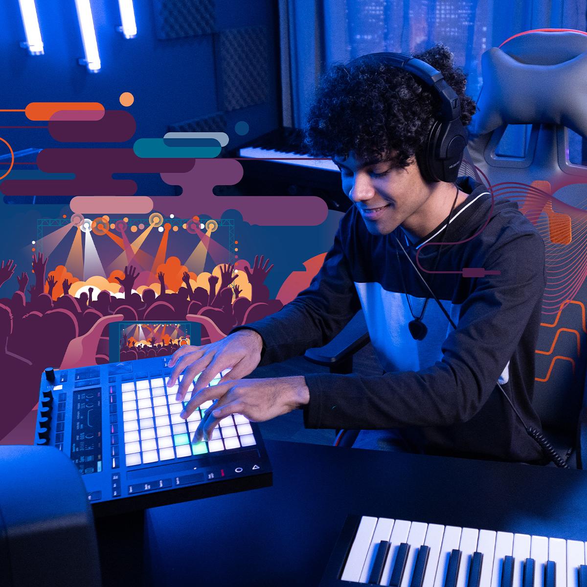 A person in a home recording studio using a MIDI controller surrounded by music equipment.